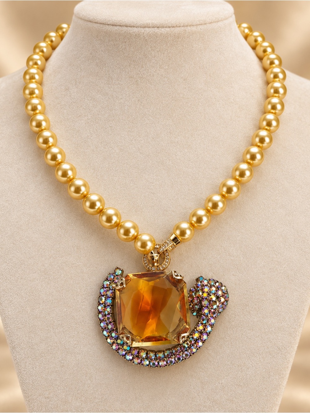 Gold Pearl Necklace with Amber Crystal Pendant - Women Jewelry